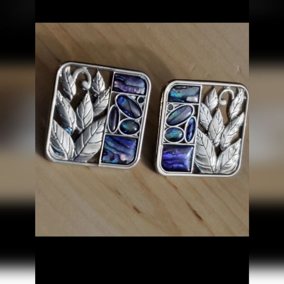 Vtg. Rhodium Silver Inlaid Abalone Shell Earrings - Picture 2 of 4